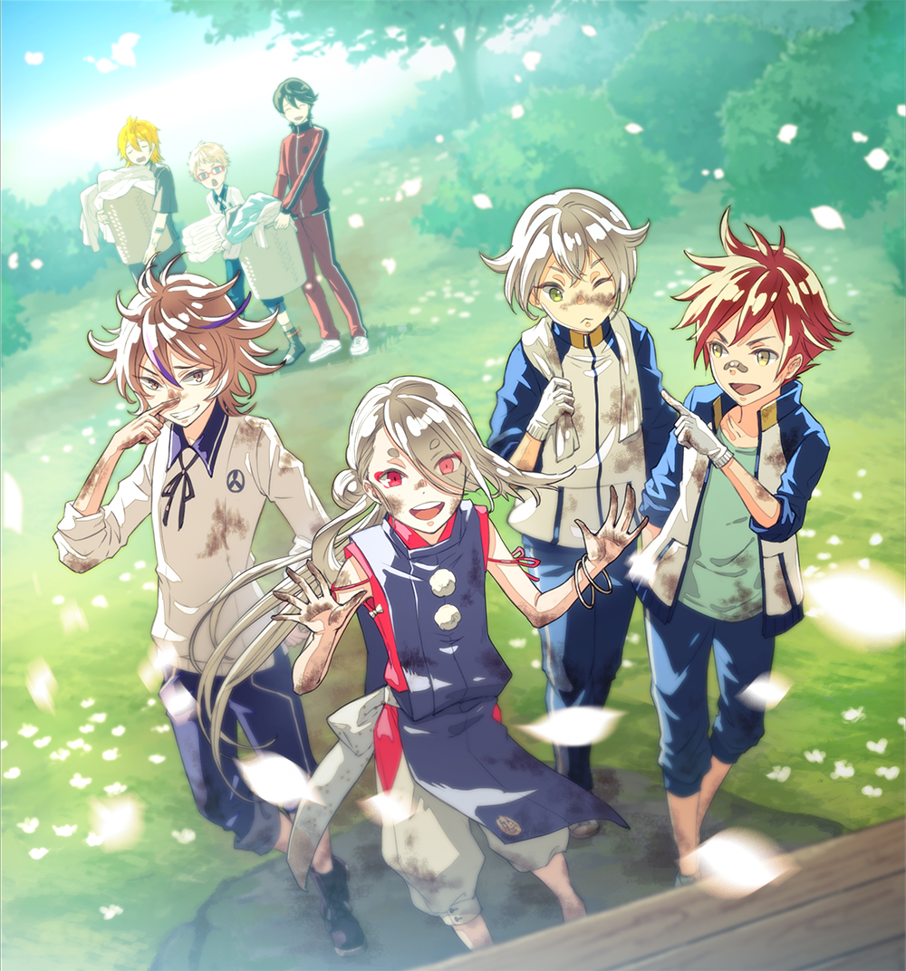 6+boys :d ;&lt; aizen_kunitoshi bandaid bandaid_on_face bandaid_on_nose black_hair blonde_hair blue_eyes blurry brown_eyes brown_hair depth_of_field dirty dirty_clothes dirty_face dutch_angle eyes_visible_through_hair glasses gloves gotou_toushirou grass green_eyes grin hair_bun hair_over_one_eye hakata_toushirou horikawa_kunihiro hotarumaru ima-no-tsurugi japanese_clothes laundry laundry_basket long_hair male_focus multicolored_hair multiple_boys one_eye_closed open_mouth orange_hair petals purple_hair red-framed_eyewear red_eyes red_hair single_hair_bun smile streaked_hair touken_ranbu towel towel_around_neck track_suit tree urashima_kotetsu very_long_hair white_gloves white_hair yellow_eyes yuma_(yuma001959)