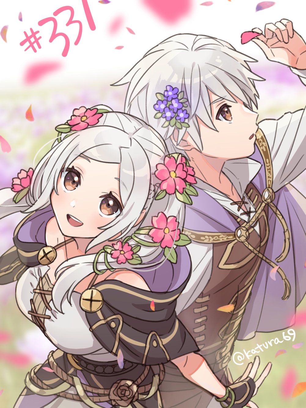 1boy 1girl brown_eyes cherry_blossoms female_robin_(fire_emblem) fire_emblem fire_emblem_awakening fire_emblem_heroes flower from_above grey_hair hair_flower hair_ornament highres katsura_ichiho looking_up male_robin_(fire_emblem) nintendo official_alternate_costume open_mouth female_robin_(valentine)_(fire_emblem) male_robin_(valentine)_(fire_emblem) smile twintails twitter_username upper_body