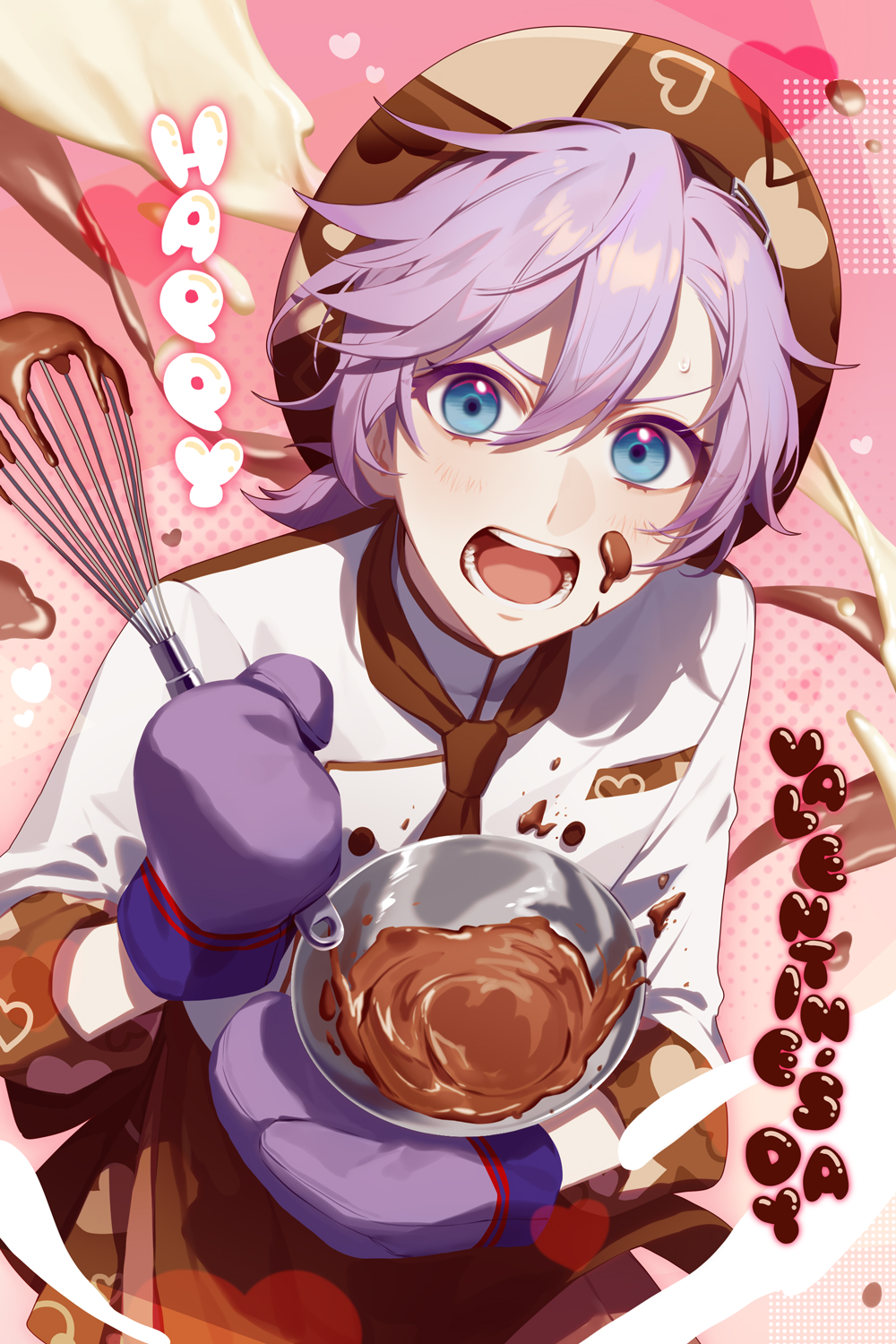 13_(bbr584607091) 1boy beret blue_eyes bowl brown_necktie chocolate_making commentary english_text epel_felmier hair_between_eyes happy_valentine hat highres holding holding_bowl holding_whisk long_sleeves medium_hair necktie open_mouth oven_mitts purple_hair shirt solo symbol-only_commentary twisted_wonderland upper_body whisk white_shirt