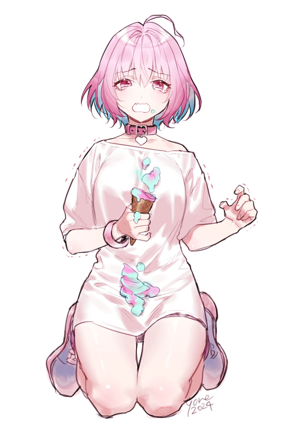 1girl ahoge bangle belt_collar blue_hair bracelet breasts choker collar collarbone commentary_request dated fang food heart_collar highres ice_cream ice_cream_cone ice_cream_cone_spill idolmaster idolmaster_cinderella_girls idolmaster_cinderella_girls_starlight_stage jewelry kazuki_yone kneeling large_breasts light_blue_hair medium_hair multicolored_hair open_mouth pink_choker pink_eyes pink_hair pink_shoes shirt shoes short_sleeves signature simple_background skin_fang solo tearing_up tears thighs two-tone_hair white_background white_shirt yumemi_riamu