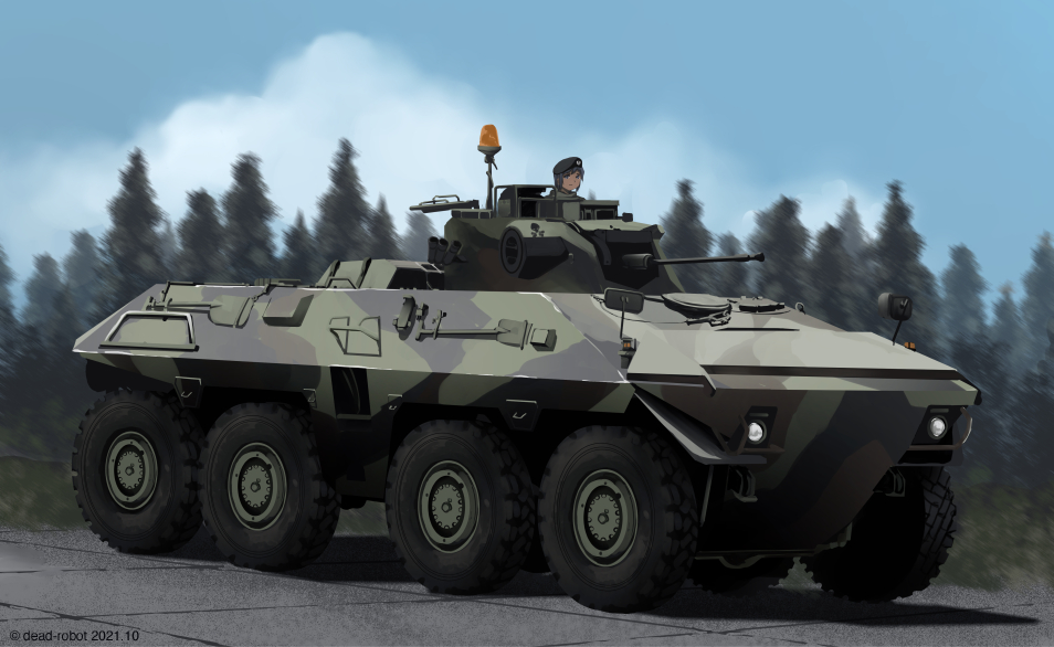 1girl armored_personnel_carrier armored_vehicle beacon black_hat blue_sky bundeswehr cloud commentary dead-robot hat light looking_at_viewer military military_vehicle mixed-language_commentary motor_vehicle original outdoors shadow sky solo tree turret