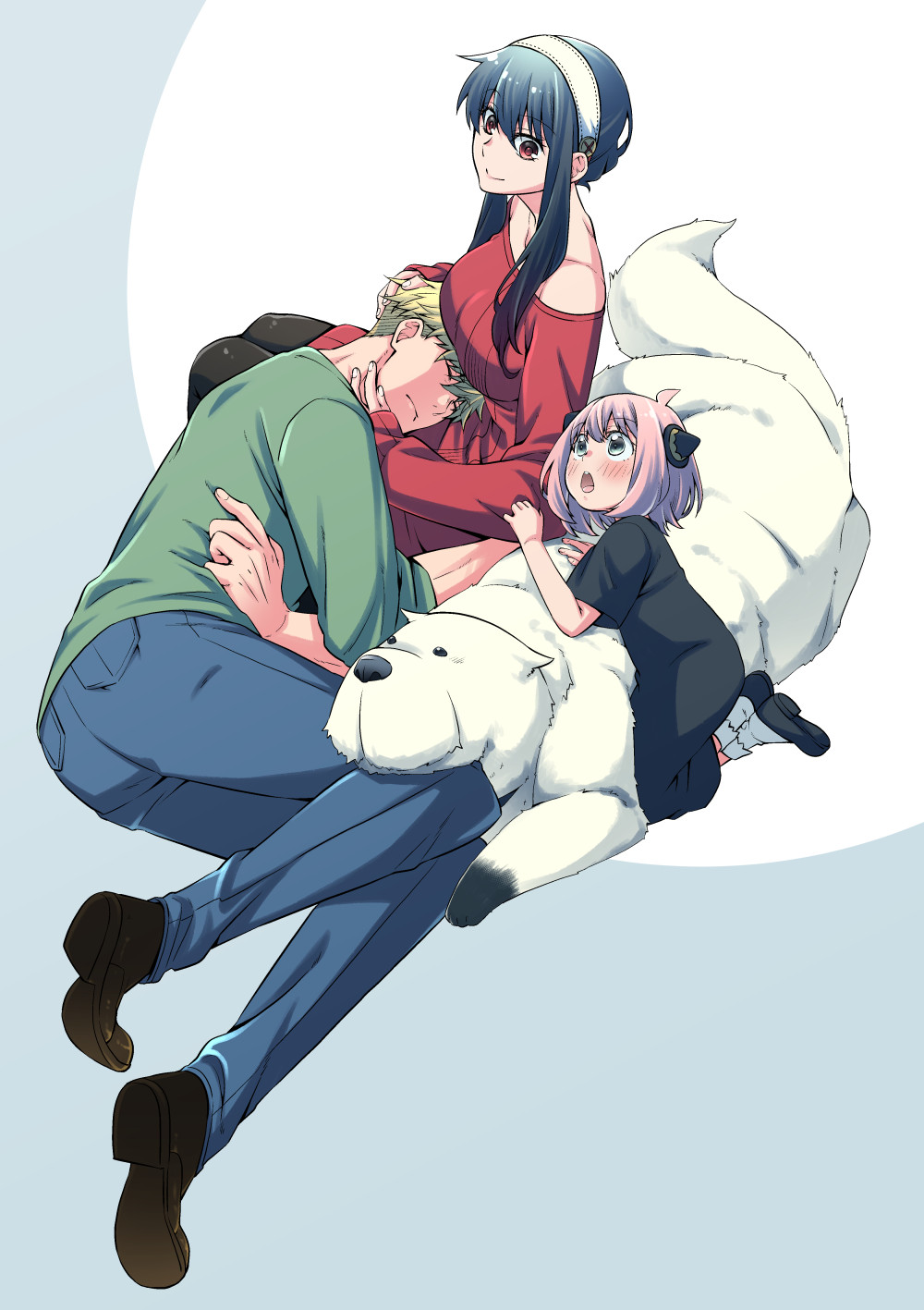 1boy 2girls anya_(spy_x_family) black_hair blonde_hair blush bond_(spy_x_family) breasts dog dress family father_and_daughter great_pyrenees hairband hairpods highres husband_and_wife kamimiya large_breasts long_hair mother_and_daughter multiple_girls off-shoulder_sweater off_shoulder open_mouth sidelocks smile spy_x_family sweater sweater_dress twilight_(spy_x_family) white_dog yor_briar