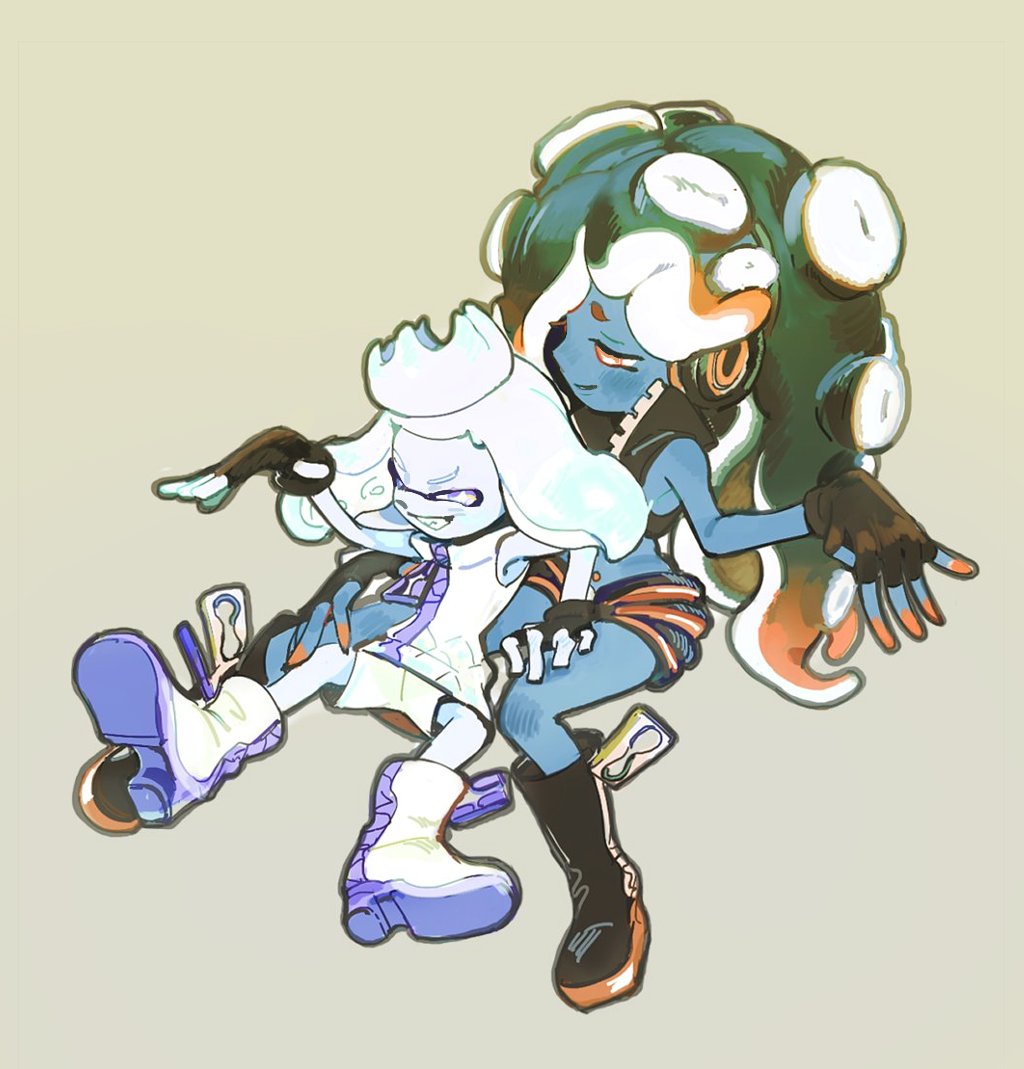 2girls alternate_color bad_id bad_twitter_id black_footwear black_gloves black_hair black_shorts blue_skin boots colored_skin commentary_request fingerless_gloves full_body gloves gradient_hair grey_background hand_on_another&#039;s_leg headphones inactive_account inkling long_hair looking_at_another marina_(off_the_hook_outfit)_(splatoon) marina_(splatoon) multicolored_hair multiple_girls nintendo octoling open_mouth orange_eyes pearl_(off_the_hook_outfit)_(splatoon) pearl_(splatoon) puripoochin shoe_soles shorts simple_background sitting smile splatoon_(series) splatoon_2 suction_cups tentacle_hair white_footwear white_hair white_shorts white_skin