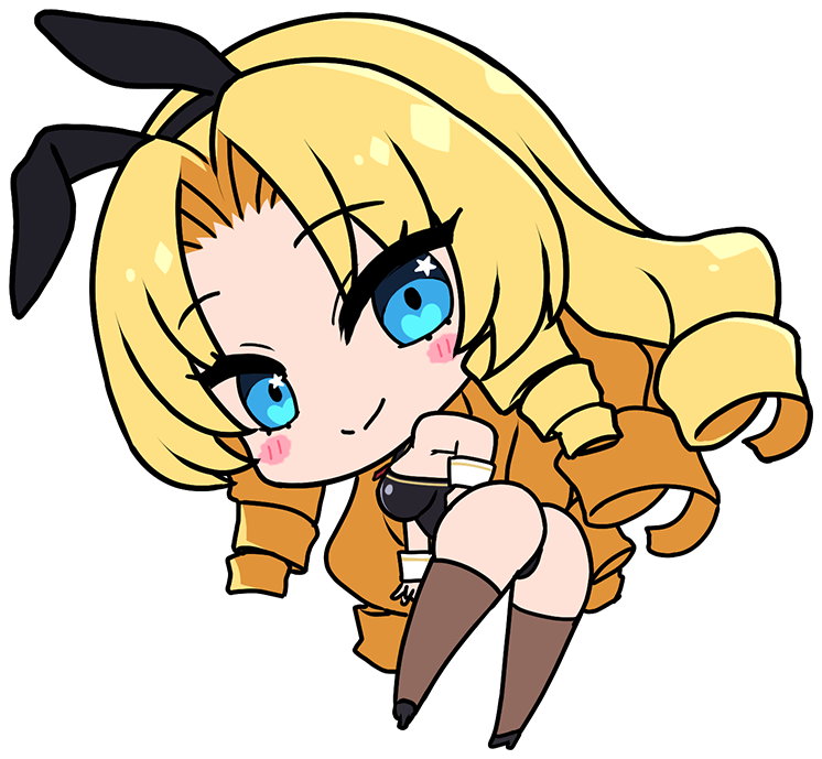 1girl animal_ear_hairband animal_ears ass ass_focus black_hair black_leotard black_pantyhose black_thighhighs blonde_hair blue_eyes blush breasts chibi chibi_only closed_mouth covered_navel deformed derauea detached_collar drill_hair drill_sidelocks fake_animal_ears felicia_la_nacuras game_cg hairband highleg large_breasts leotard long_hair looking_at_viewer looking_back motto!_haramase!_honoo_no_oppai_isekai_oppai_bunny_gakuen! necktie non-web_source official_art pantyhose parted_bangs playboy_bunny rabbit_ear_hairband rabbit_ears red_necktie shoes sidelocks smile solo star_(symbol) star_in_eye strapless strapless_leotard symbol_in_eye thighhighs transparent_background very_long_hair white_wrist_cuffs wrist_cuffs