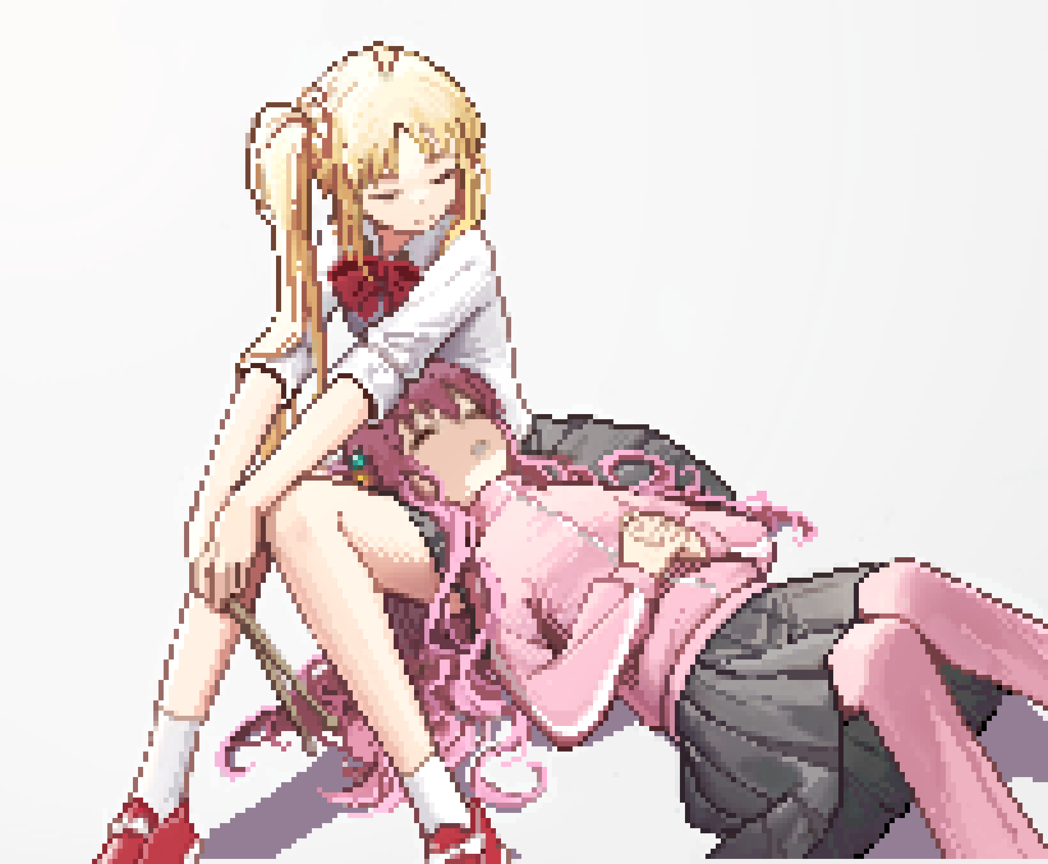 2girls black_skirt blonde_hair bocchi_the_rock! closed_eyes drumsticks gotoh_hitori highres holding holding_drumsticks ijichi_nijika jacket lap_pillow long_hair multiple_girls one_side_up own_hands_together pink_hair pink_jacket pixel_art red_footwear side_ponytail skirt sleeping sleeping_on_person soeyumi thighs white_background