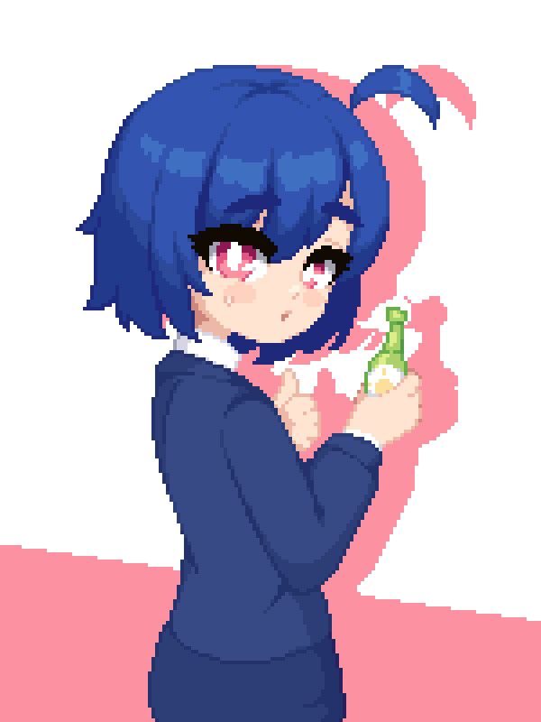 1girl ahoge blue_hair blush bottle business_suit formal_clothes holding long_sleeves looking_at_viewer minimilieu office_lady original pink_eyes pixel_art silhouette simple_background skirt skirt_suit skye_(hcnone) solo suit sweatdrop thumbs_up two-tone_background