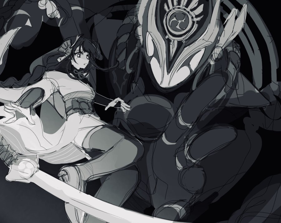 1boy 1girl arm_up black_background blunt_bangs braid bridal_gauntlets floating from_above from_side genshin_impact hair_ornament helmet holding holding_sword holding_weapon japanese_clothes katana kimono long_braid long_hair looking_to_the_side mecha mechanical_arms mitsudomoe_(shape) mole mole_under_eye monochrome mother_and_son mxxu_box official_alternate_costume open_mouth raiden_shogun reaching reaching_towards_another robot sash scaramouche_(genshin_impact) scaramouche_(shouki_no_kami)_(genshin_impact) shade shaded_face single_braid sketch sword thick_thighs thighhighs thighs tomoe_(symbol) weapon wide-eyed