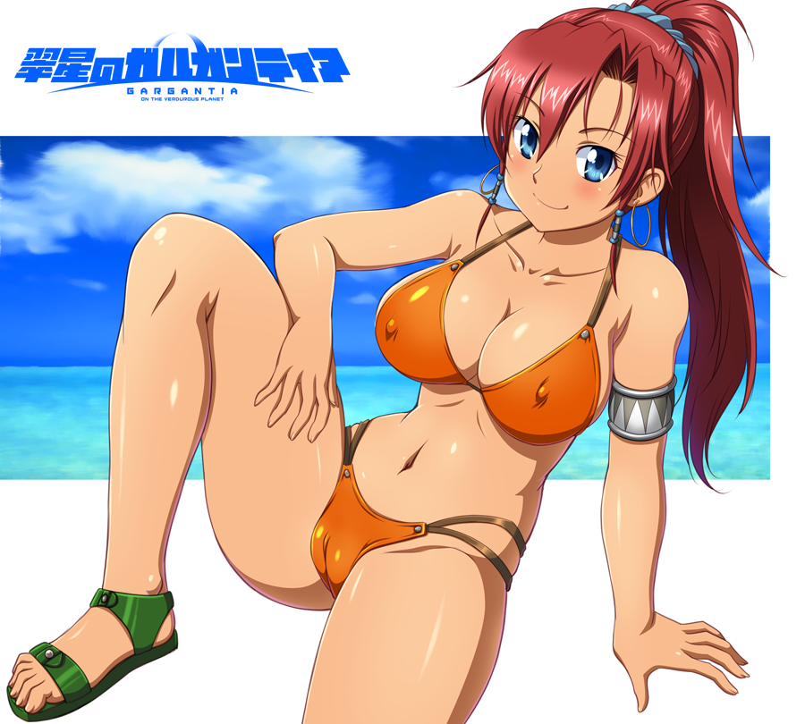 1girl bellows_(suisei_no_gargantia) bikini blue_eyes blue_sky bra breasts cameltoe cleavage cloud cloudy_sky copyright_name covered_erect_nipples day earrings english_text green_sandals hair_between_eyes hoop_earrings jewelry large_breasts long_hair looking_at_viewer nipples ocean orange_bikini orange_bra orange_panties panties ponytail red_hair sandals sky smile solo suisei_no_gargantia swimsuit tan tanuki_yousuke underwear water