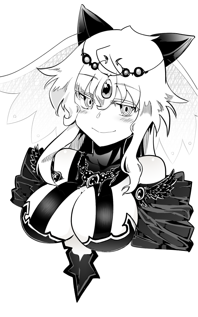 1girl animal_ears blush breasts cat_ears cleavage colored_eyelashes cowlick curly_hair fake_animal_ears gem greyscale hair_between_eyes highres isabeau_de_baviere_(madoka_magica) jewelry large_breasts long_hair magia_record:_mahou_shoujo_madoka_magica_gaiden magical_girl mahou_shoujo_madoka_magica mahou_shoujo_tart_magica messy_hair monochrome necklace official_alternate_costume queen sidelocks smile solo sonohi210 tall_female upper_body veil wavy_hair