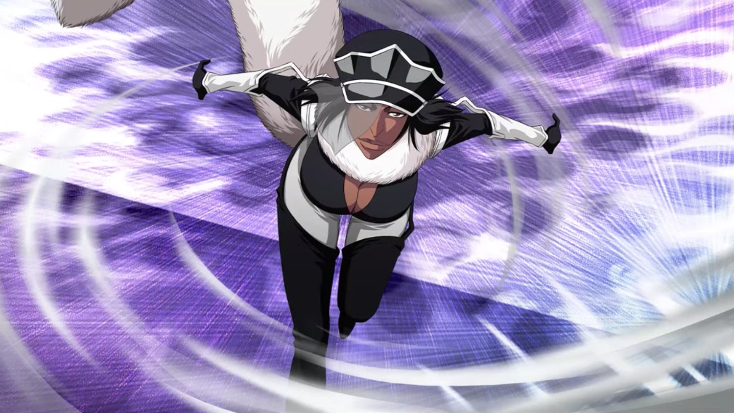 1girl black_gloves bleach bleach:_brave_souls bleach_bankai_battle boots breasts cleavage dark_skin fur_trim gloves hat jackie_tristan jumping large_breasts lips looking_at_viewer official_art peaked_cap running screencap smile solo standing thigh_boots wide_hips yellow_eyes