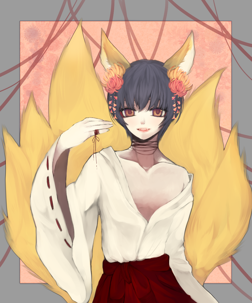 1boy animal_ears axis_powers_hetalia black_hair brown_eyes commentary_request cowboy_shot crossdressing draw2_(milkcrown) flower fox_boy fox_ears fox_tail grey_background hair_flower hair_ornament highres japan_(hetalia) japanese_clothes kitsune kyuubi looking_at_viewer male_focus miko multiple_tails open_mouth pink_background red_skirt short_hair skirt smile solo spider_lily tail
