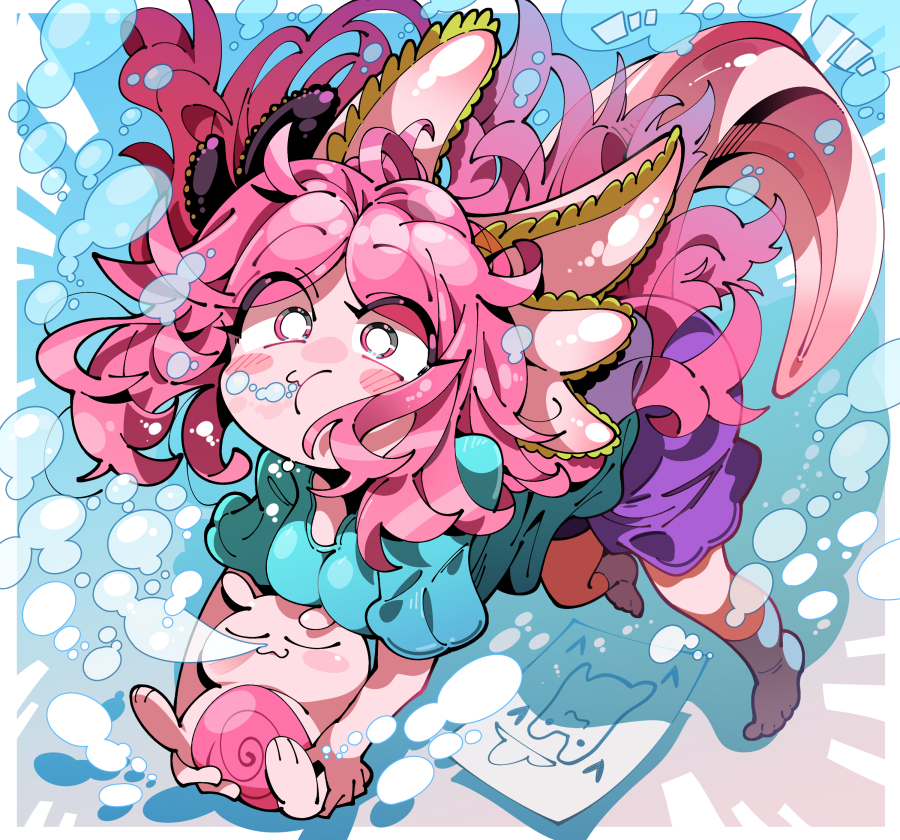 1girl :3 axolotl_girl axolotl_tail blue_shirt blush breasts bubble closed_eyes closed_mouth feet grey_eyes kafun long_hair looking_at_viewer multicolored_eyes no_shoes original pink_eyes pink_hair shirt socks tagme