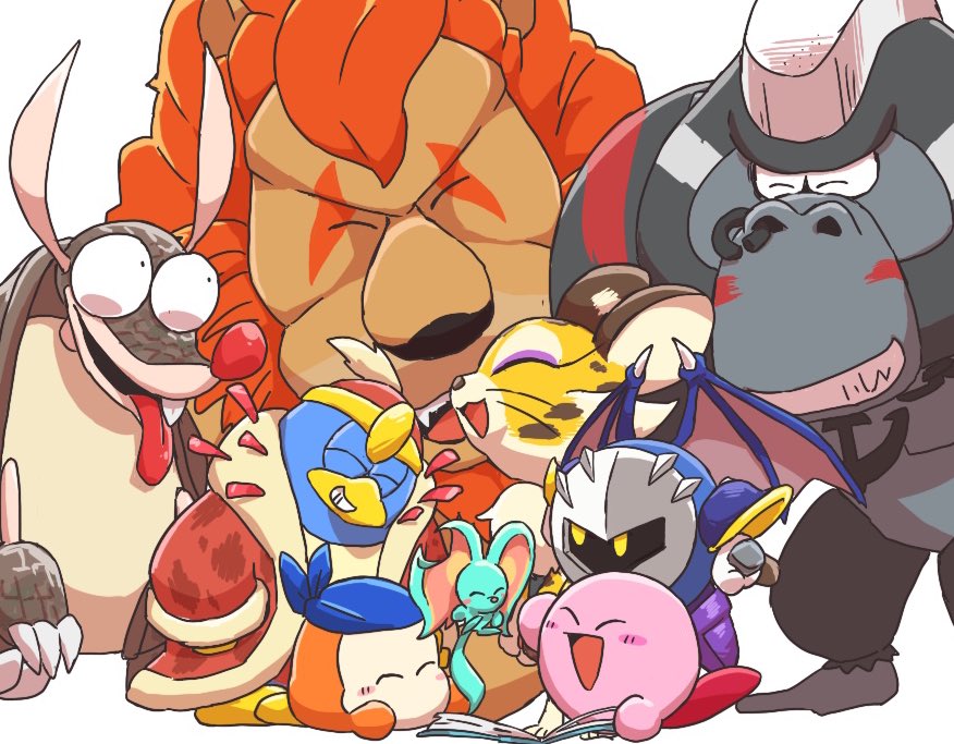 armadillo bandana bandana_over_mouth bat_wings blush_stickers book clawroline elfilin closed_eyes gorilla gorimondo king_dedede kirby kirby_(series) kirby_and_the_forgotten_land leongar leopard lion mane mask meta_knight nintendo open_mouth sillydillo smile wings