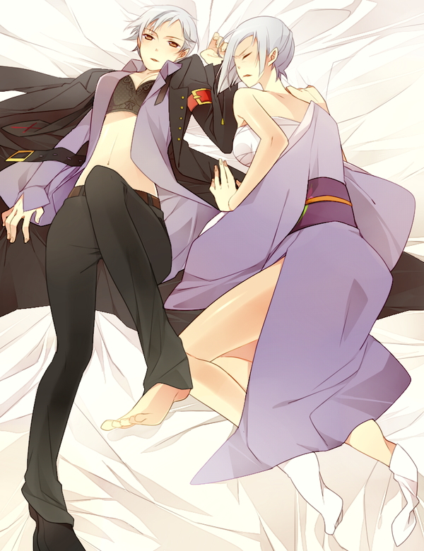 07th_expansion 2girls bad_feet bad_id bad_pixiv_id barefoot feet formal_clothes japanese_clothes kimono lingerie lying multiple_girls no_naku_koro_ni_(series) open_clothes open_shirt shirt shoes siblings silver_hair single_shoe sisters suit sumadera_kasumi towa1 umineko_no_naku_koro_ni underwear ushiromiya_kyrie