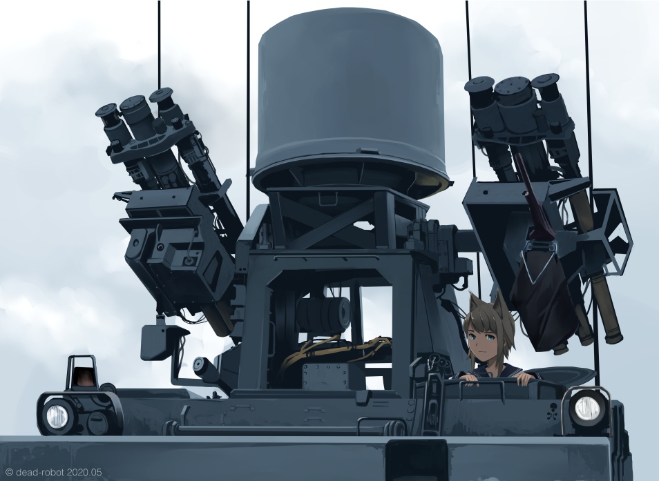 1girl animal_ears anti-tank_missile armored_personnel_carrier armored_vehicle artist_name bgm-71_tow brown_hair cat_ears cloud cloudy_sky dead-robot green_eyes hatch looking_at_viewer m113 man-portable_anti-tank_systems military military_uniform military_vehicle missile missile_launcher motor_vehicle naval_uniform original radio_antenna sailor_collar short_hair sky soldier solo