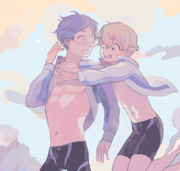 2boys :o backlighting bad_drawr_id bad_id black_male_swimwear blonde_hair blue_hair cloud cloudy_sky collarbone collared_jacket cowboy_shot dark_blue_hair dated evening eye_contact feet_out_of_frame free! from_side grin hair_behind_ear hair_between_eyes hazuki_nagisa hug hug_from_behind jacket jammers jumping legs_up long_sleeves looking_at_another looking_back male_focus male_swimwear mousariababa multicolored_sky multiple_boys muted_color navel no_shirt oekaki open_clothes open_jacket open_mouth orange_sky outdoors outstretched_arms popped_collar ryuugazaki_rei semi-rimless_eyewear sky smile standing star_(sky) star_(symbol) stomach twilight under-rim_eyewear white_jacket
