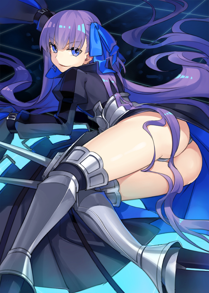 10s armor armored_boots ass blue_ribbon boots commentary crotch_plate fate/extra fate/extra_ccc fate/grand_order fate_(series) hair_ribbon juliet_sleeves long_hair long_sleeves meltryllis_(fate) nashi_(tidal0414) puffy_sleeves purple_hair revealing_clothes ribbon sleeves_past_wrists spikes very_long_hair