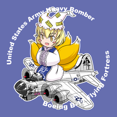 1girl aircraft airplane animal_ears b-17 blonde_hair blush_stickers bomber chibi female_focus fox_ears fox_tail hands_in_opposite_sleeves hat lowres military military_vehicle multiple_tails sakurato_tsuguhi sitting solo tail touhou vehicle_focus world_war_ii yakumo_ran yellow_eyes