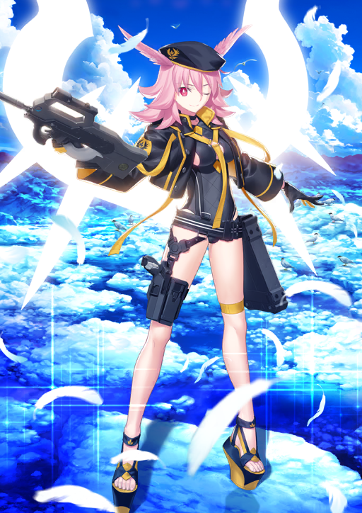 1girl ;) belt beret black_belt black_gloves black_hat black_jacket black_one-piece_swimsuit black_sandals blue_background breasts bright_pupils cleavage_cutout closed_mouth clothing_cutout cloud collared_jacket cropped_jacket day falling_feathers fate/grand_order fate_(series) feathers full_body game_cg gloves glowing glowing_wings gun hair_between_eyes hair_wings hand_up hat hildr_(fate) hildr_(swimsuit_assassin)_(fate) holding holding_gun holding_weapon jacket large_variant_set legs_apart long_sleeves looking_at_viewer medium_breasts medium_hair official_art one-piece_swimsuit one_eye_closed open_clothes open_jacket outstretched_arms pink_hair platform_sandals popped_collar pouch red_eyes sandals side_cutout smile solo sparkle standing sunlight swimsuit swimsuit_under_clothes takeuchi_takashi thigh_pouch thigh_strap third-party_source toes valkyrie_(fate) variant_set weapon weapon_request white_pupils wings