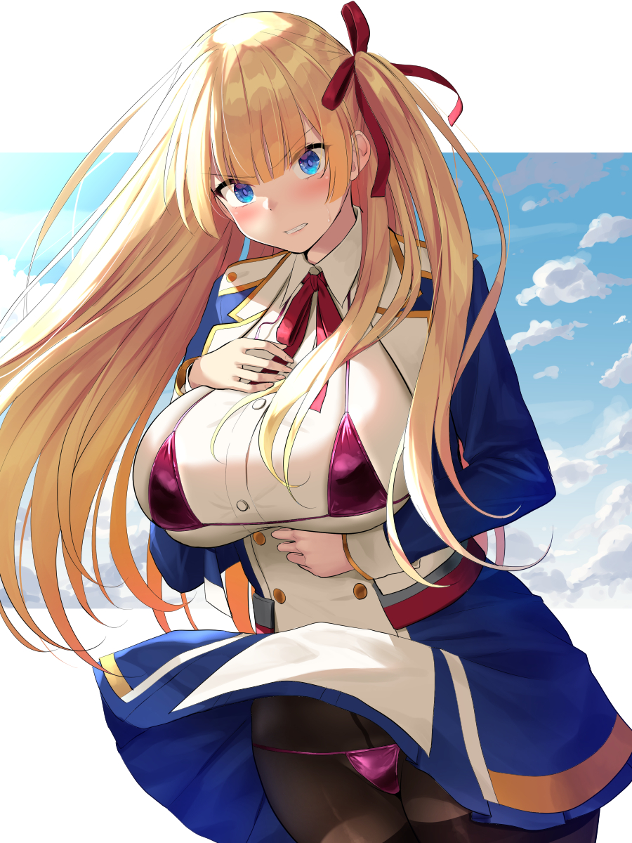 1girl azur_lane bikini black_pantyhose blue_eyes blush breasts clenched_teeth cloud female_focus hair_between_eyes highres huge_breasts jacket long_hair long_sleeves micro_bikini neck_ribbon oekakizuki one_side_up pantyhose pantyhose_under_swimsuit red_ribbon ribbon sky solo sussex_(azur_lane) sweat swimsuit swimsuit_over_clothes teeth thighband_pantyhose