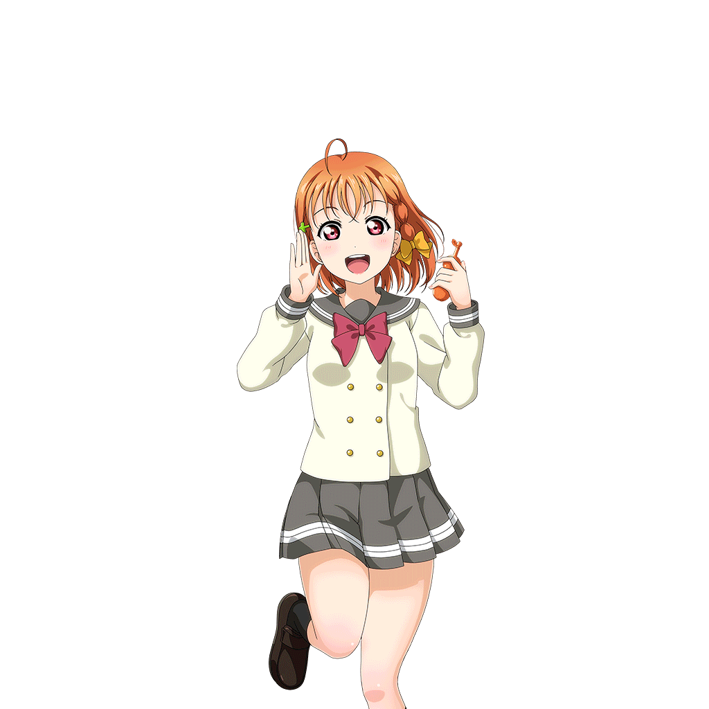 1girl :d ahoge anime_coloring black_socks blush bow bowtie braid brown_shoes buttons clover_hair_ornament double-breasted feet_out_of_frame food grey_sailor_collar grey_skirt hair_bow hair_ornament hands_up holding holding_food leg_up loafers long_sleeves looking_at_viewer love_live! love_live!_school_idol_festival love_live!_sunshine!! miniskirt official_art open_hand open_mouth orange_hair pleated_skirt red_bow red_bowtie red_eyes sailor_collar school_uniform serafuku shirt shoes short_hair side_braid skirt smile socks solo standing standing_on_one_leg takami_chika teeth transparent_background upper_teeth_only uranohoshi_school_uniform white_shirt winter_uniform yellow_bow