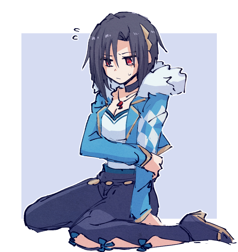1girl alonemistrist asymmetrical_bangs asymmetrical_clothes black_hair breasts cleavage clothing_cutout fire_emblem fire_emblem_engage fur_trim hair_between_eyes nel_(fire_emblem) nintendo red_eyes