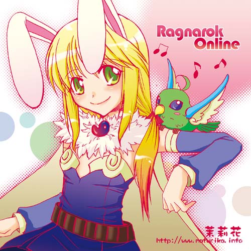 1girl 2000s_(style) alchemist_(ragnarok_online) animal_ears animal_on_arm bad_id bird bird_on_arm blonde_hair blue_sleeves blush breasts brown_cape cape closed_mouth copyright_name cowboy_shot detached_sleeves dress filir_(ragnarok_online) fur_collar green_eyes long_hair looking_at_viewer lowres magatama musical_note purple_dress rabbit_ears rabbit_girl ragnarok_online small_breasts smile solo strapless strapless_dress tachibana_sakuya_(matsurika) watermark web_address