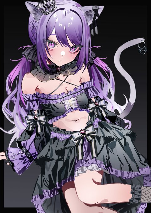 1girl aegyo_sal animal_ears black_bow black_collar black_ribbon black_skirt black_sleeves black_socks black_tube_top bow bow_skirt breasts cat_ears cleavage closed_mouth collar commentary criss-cross_halter crown detached_collar detached_sleeves ear_ribbon expressionless feet_out_of_frame fishnet_socks fishnets frilled_tube_top frills gradient_background grey_background hair_bow halterneck ina_uruu long_hair looking_at_viewer low_twintails magire_(mqgire) medium_breasts midriff mini_crown multicolored_hair nanashi_inc. navel pink_eyes pink_hair purple_hair ribbon skirt socks solo strapless tube_top twintails two-tone_bow two-tone_hair virtual_youtuber white_bow