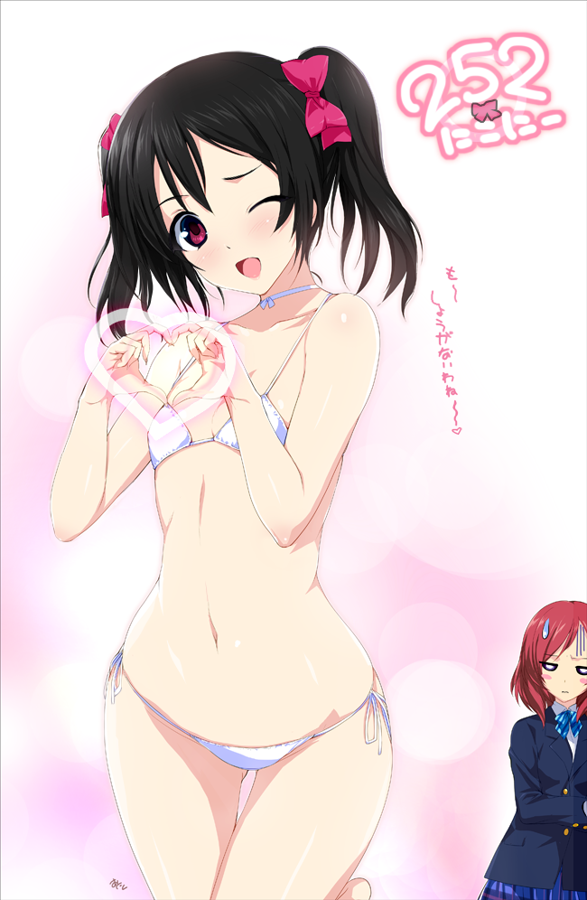 2girls bikini black_hair blue_bow blue_bowtie blue_jacket blue_skirt blush_stickers bow bowtie choker commentary_request flat_chest hair_bow heart heart_hands jacket love_live! love_live!_school_idol_project multiple_girls navel nishikino_maki one_eye_closed onigirikun otonokizaka_school_uniform plaid_clothes plaid_skirt red_eyes school_uniform side-tie_bikini_bottom skirt sweatdrop swimsuit translation_request twintails white_background white_choker yazawa_nico