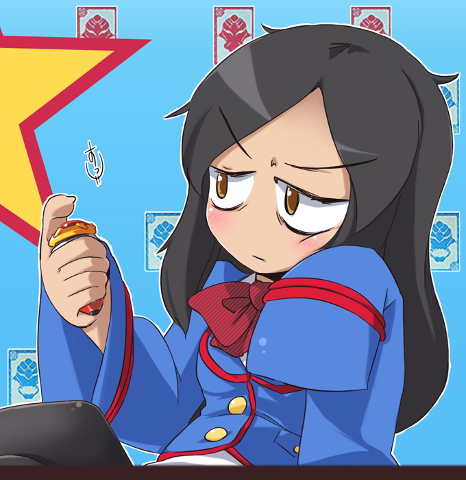 1girl black_hair dark_persona female_focus gemini_zodiarts joujima_yuuki kamen_rider kamen_rider_fourze_(series) konno_hiromi long_hair lucky_channel lucky_star naik parody school_uniform solo voice_actor_connection zodiarts_switch