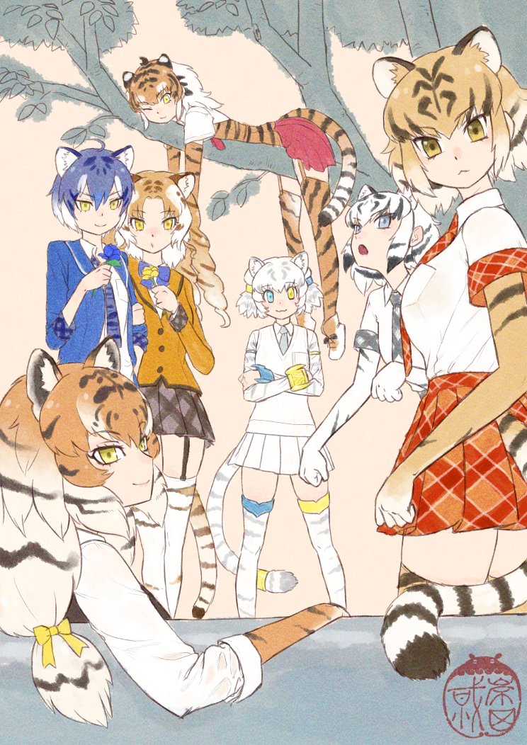 6+girls :&lt; animal_ears animal_print blue_bow blue_bowtie blue_eyes blue_flower blue_hair blue_jacket blue_necktie blue_rose blue_trim boots bow bowtie braid brown_hair byakko_(kemono_friends) collared_shirt crossed_arms extra_ears flower garter_straps golden_tabby_tiger_(kemono_friends) grey_necktie grey_trim hair_between_eyes hair_bow heterochromia holding holding_flower holding_rose jacket kemono_friends kishida_shiki long_hair long_sleeves looking_at_viewer lying_on_branch maltese_tiger_(kemono_friends) multicolored_hair multiple_girls necktie one_eye_closed orange_hair orange_jacket plaid_clothes plaid_necktie plaid_skirt plaid_trim pleated_skirt print_sleeves print_thighhighs red_necktie red_skirt red_trim rose school_uniform shirt short_hair short_sleeves siberian_tiger_(kemono_friends) sidelocks skirt sumatran_tiger_(kemono_friends) tail thighhighs tiger_(kemono_friends) tiger_ears tiger_girl tiger_print tiger_tail tree twin_braids vest white_footwear white_hair white_shirt white_skirt white_thighhighs white_tiger_(kemono_friends) white_vest yellow_eyes yellow_flower yellow_rose zettai_ryouiki