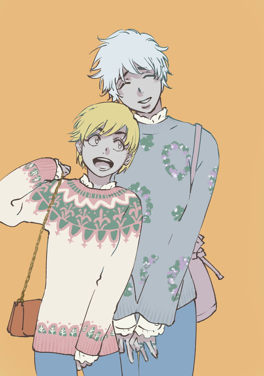 2girls alternate_costume bag bleach bleach:_sennen_kessen-hen blonde_hair closed_eyes earrings grey_hair highres jewelry kotetsu_isane kotetsu_kiyone kubo_tite long_sleeves multiple_girls multiple_rings ring short_hair siblings sisters smile stud_earrings sweater
