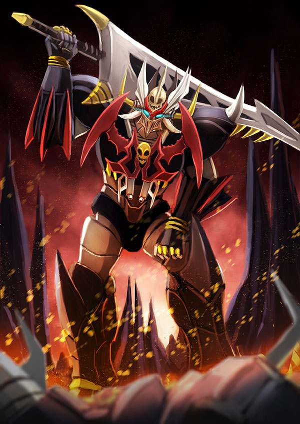 blue_eyes clenched_hand fire glowing glowing_eyes holding holding_sword holding_weapon mazinger_(series) mazinkaiser mazinkaiser_skl mazinkaiser_skl_(mecha) mecha no_humans robot science_fiction sikama-78 skull super_robot sword v-fin visor weapon