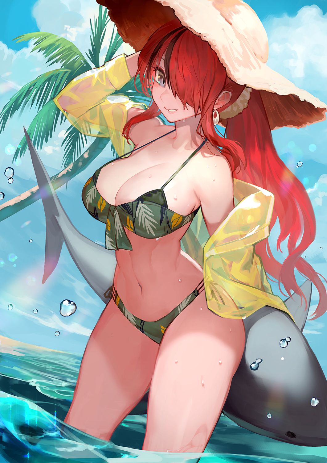 1girl bandeau bare_shoulders bikini black_hair blue_sky breasts cloud commentary_request cowboy_shot day front-tie_bikini_top front-tie_top grey_eyes grin hair_over_one_eye hat highres jacket lack lain_paterson large_breasts long_hair looking_at_viewer multicolored_hair navel nijisanji off_shoulder open_clothes open_jacket outdoors ponytail red_hair see-through_clothes sky smile solo standing stomach streaked_hair sun_hat swimsuit thighs very_long_hair virtual_youtuber wading water yellow_jacket