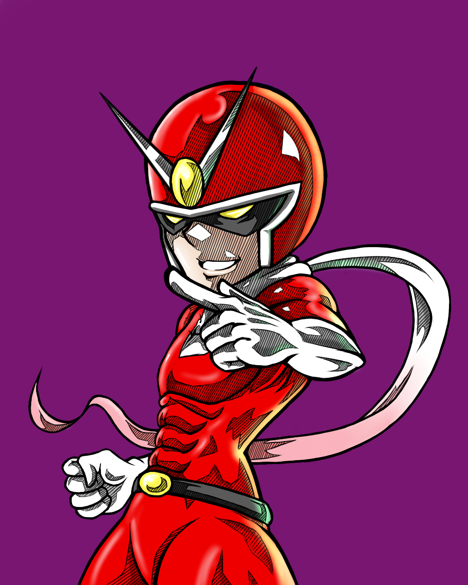 00s 1boy abs clenched_hand gloves helmet highres male_focus mask no_pupils scarf skin_tight solo uri_(ayanokouziii) viewtiful_joe viewtiful_joe_(character) white_gloves yellow_eyes