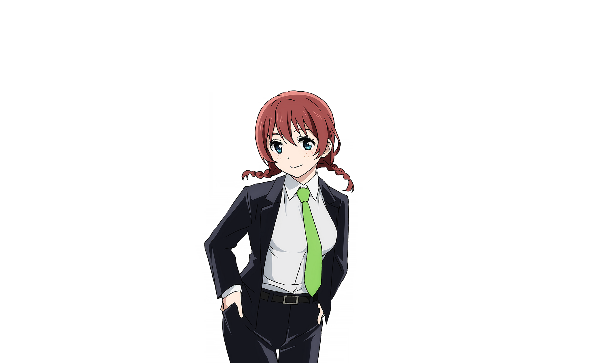 1girl belt belt_buckle black_belt black_pants black_suit blue_eyes blush braid breasts brown_hair buckle business_suit closed_mouth collared_shirt cowboy_shot emma_verde formal_clothes freckles green_necktie hair_between_eyes hands_in_pocket highres long_sleeves looking_at_viewer love_live! love_live!_nijigasaki_high_school_idol_club love_live!_school_idol_festival_2 medium_hair necktie official_art open_clothes pants shirt solo suit transparent_background twin_braids white_shirt