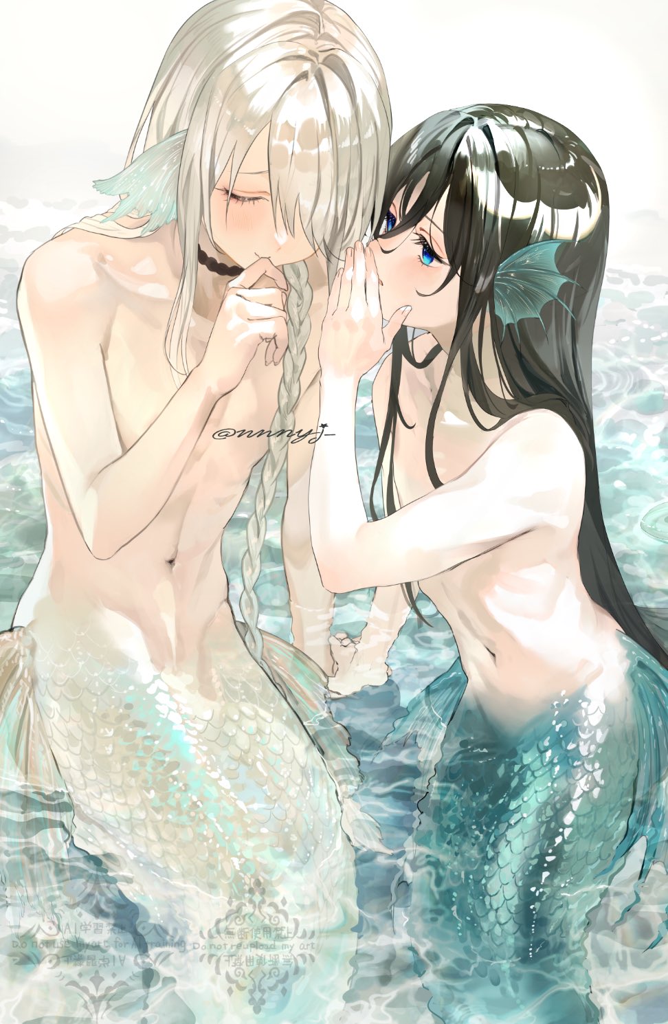 2boys black_choker black_hair blue_eyes braid choker closed_eyes closed_mouth collarbone expressionless fins grey_hair hair_over_one_eye hair_over_shoulder hand_up head_fins highres light_smile long_hair looking_at_another male_focus merman monster_boy multiple_boys navel nnnyj original partially_submerged simple_background single_braid stomach straight_hair topless_male trap twitter_username water watermark whispering_in_ear white_background