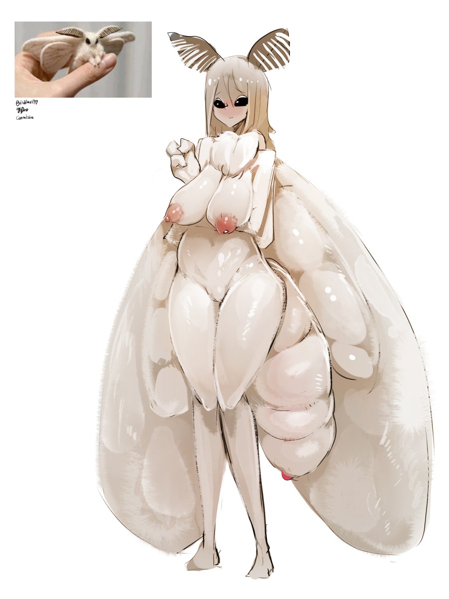 1girl aged_up arthropod_girl black_sclera blush breasts bug colored_sclera female_focus full_body fur fur_trim hair_between_eyes highres insect insect_girl insect_wings large_breasts long_hair monster_girl moth moth_(menyang) moth_antennae moth_girl moth_wings my700 nipples original solo venezuelan_poodle_moth venezuelan_poodle_moth_(diddms1999) white_eyes wings