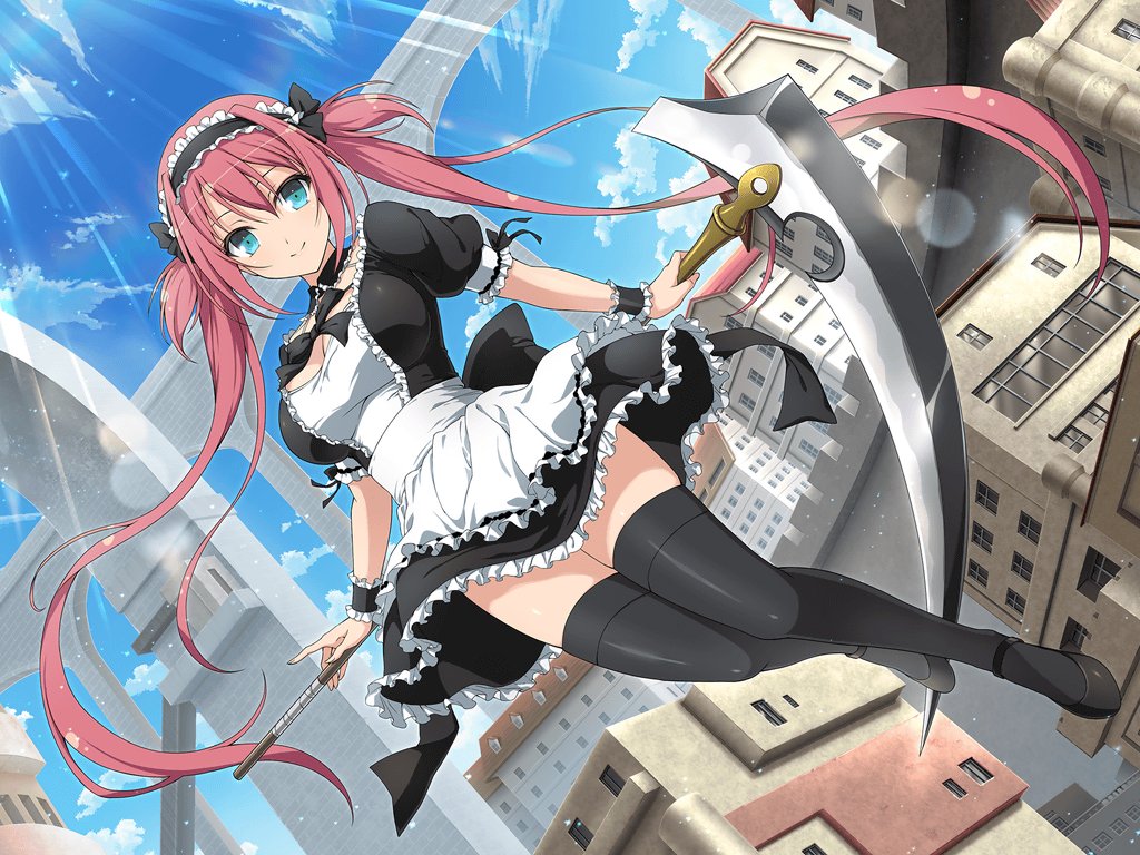 1girl airi_(queen&#039;s_blade) airi_(the_infernal_temptress) apron arch architecture battlement black_bow black_dress black_footwear black_ribbon black_thighhighs blue_eyes blue_sky blush bow bowtie breasts bridge building city cityscape cleavage cleavage_cutout closed_mouth clothing_cutout cloud collar crossover day dress floating frilled_apron frilled_dress frilled_headwear frilled_sleeves frilled_wristband frills hair_bow hair_ribbon holding holding_scythe holding_weapon large_breasts lens_flare light_particles light_rays long_hair looking_at_viewer maid maid_apron maid_headdress medium_breasts official_art outdoors pleated_dress puffy_short_sleeves puffy_sleeves quad_tails queen&#039;s_blade red_hair ribbon sash scythe senran_kagura senran_kagura_new_link short_dress short_sleeves short_twintails sidelocks skirt sky smile solo sunbeam sunlight thighhighs tile_roof twintails two_side_up underwear very_long_hair waist_apron waist_bow weapon white_apron white_sash wind window wrist_cuffs yaegashi_nan