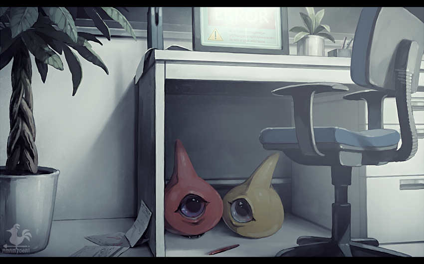 2others amamidori artist_name blue_eyes chair chest_of_drawers colored_skin desk hiding horns leaf monitor multiple_others muted_color no_humans office_chair one-eyed orange_skin papers pen plant potted_plant scp-131 scp_foundation single_horn swivel_chair tree yellow_skin