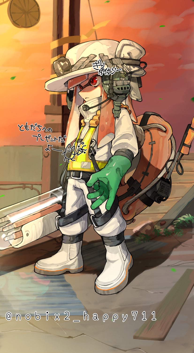 ballpoint_splatling_(splatoon) boots gloves green_gloves headlamp headphones high-visibility_clothing high-visibility_vest highres inkling inkling_girl inkling_player_character jumpsuit lifebuoy microphone mining_helmet nintendo nobix2_happy711 orange_hair overalls red_eyes rubber_boots rubber_gloves salmon_run_(splatoon) signature splatoon_(series) splatoon_3 standing suction_cups swim_ring tentacle_hair white_boots white_jumpsuit white_overalls