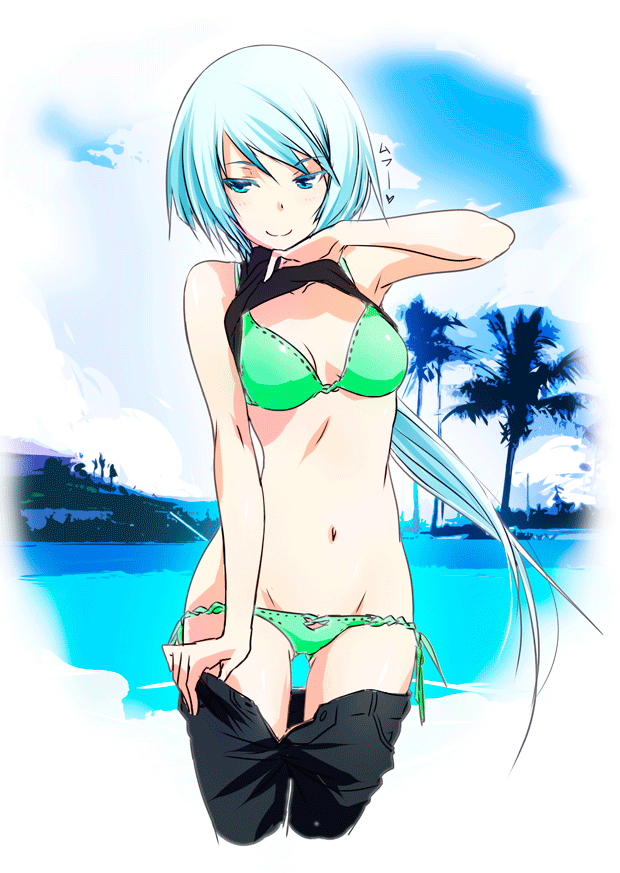 1girl bare_shoulders bikini blue_eyes blue_hair breasts cleavage clothes_lift clothes_pull female_focus green_bikini groin halterneck kawagishi_keitarou long_hair maji_de_watashi_ni_koi_shinasai! maji_de_watashi_ni_koi_shinasai!_s matching_hair/eyes navel pants pants_pull ponytail pulling_own_clothes shirt_lift side-tie_bikini_bottom sketch smile solo swimsuit undressing very_long_hair youshi_(majikoi)