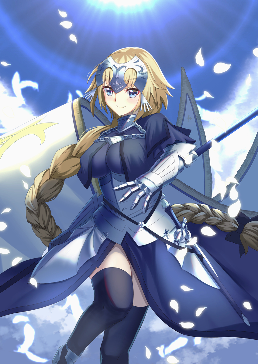 1girl armor black_ribbon blonde_hair blue_eyes braid chain chain_necklace crown falling_petals fate/apocrypha fate/extella fate/extella_link fate/extra fate/grand_order fate_(series) flag gauntlets highres jeanne_d&#039;arc_(fate) jeanne_d&#039;arc_(ruler)_(fate) jewelry long_hair narukamikagerou necklace petals polearm ribbon sky smile spear sun sword thighhighs weapon