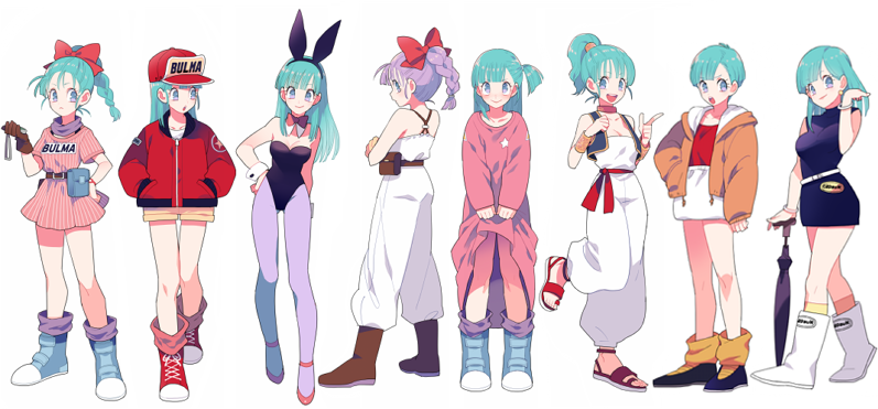 1girl :d alternate_costume animal_ears bad_id bad_twitter_id bare_shoulders black_dress black_leotard blue_eyes blue_hair boots bracelet braid breasts brown_gloves bulma cleavage closed_umbrella dragon_ball dragonball_z dress earrings fake_animal_ears gloves grey_pantyhose gum_(gmng) hair_ribbon hand_on_own_hip hands_in_pockets hat high_ponytail jacket jewelry lace-up_boots leg_up leotard long_hair multiple_persona name_tag open_mouth pantyhose planted planted_umbrella playboy_bunny ponytail purple_hair rabbit_ears ribbon shoes short_hair shorts simple_background single_braid single_glove sleeveless sleeveless_dress smile sneakers star_(symbol) umbrella walking white_background