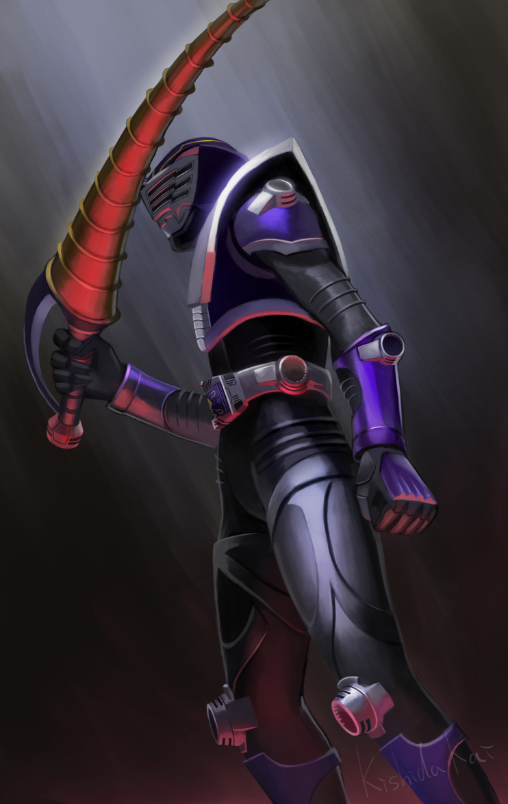 1boy armor cowboy_shot dutch_angle from_below from_side holding holding_sword holding_weapon kamen_rider kamen_rider_ouja kamen_rider_ryuki_(series) kishida_kai simple_background standing sword venosaber weapon