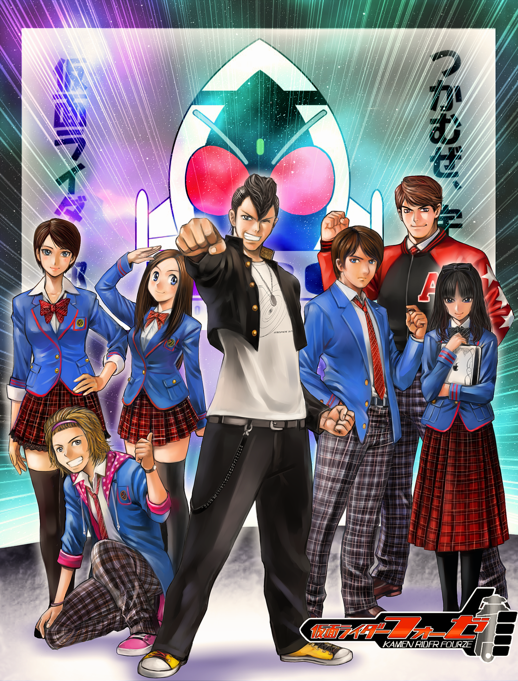 3girls 4boys daimonji_shun everyone gakuran highres jk_(kamen_rider_fourze) joujima_yuuki kamen_rider kamen_rider_fourze kamen_rider_fourze_(series) kazashiro_miu kisaragi_gentaro kisaragi_gentarou multiple_boys multiple_girls nozama_tomoko pompadour school_uniform space star_(sky) utahoshi_kengo yusao