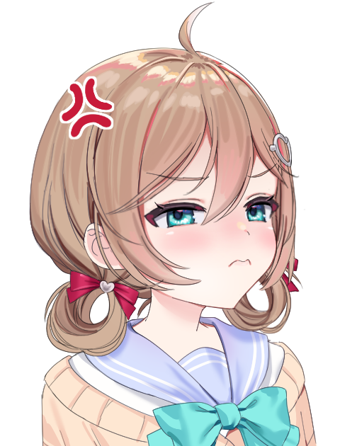 1girl ahoge anger_vein aqua_bow aqua_bowtie blue_eyes blue_sailor_collar blush bow bowtie brown_hair cardigan closed_mouth from_side hair_between_eyes hair_ribbon hair_rings neuro-sama nose_blush red_ribbon ribbon riku_pam sailor_collar school_uniform serafuku simple_background solo upper_body vedal_ai virtual_youtuber white_background white_serafuku yellow_cardigan