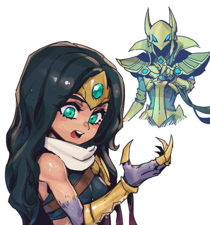 1boy 1girl armor azir bare_shoulders black_hair breasts colored_skin cropped_torso gold_armor green_eyes helm helmet league_of_legends long_hair medium_breasts nintendo open_mouth phantom_ix_row scarf shiny_skin simple_background sivir teeth the_legend_of_zelda the_legend_of_zelda:_tears_of_the_kingdom upper_body upper_teeth_only white_background