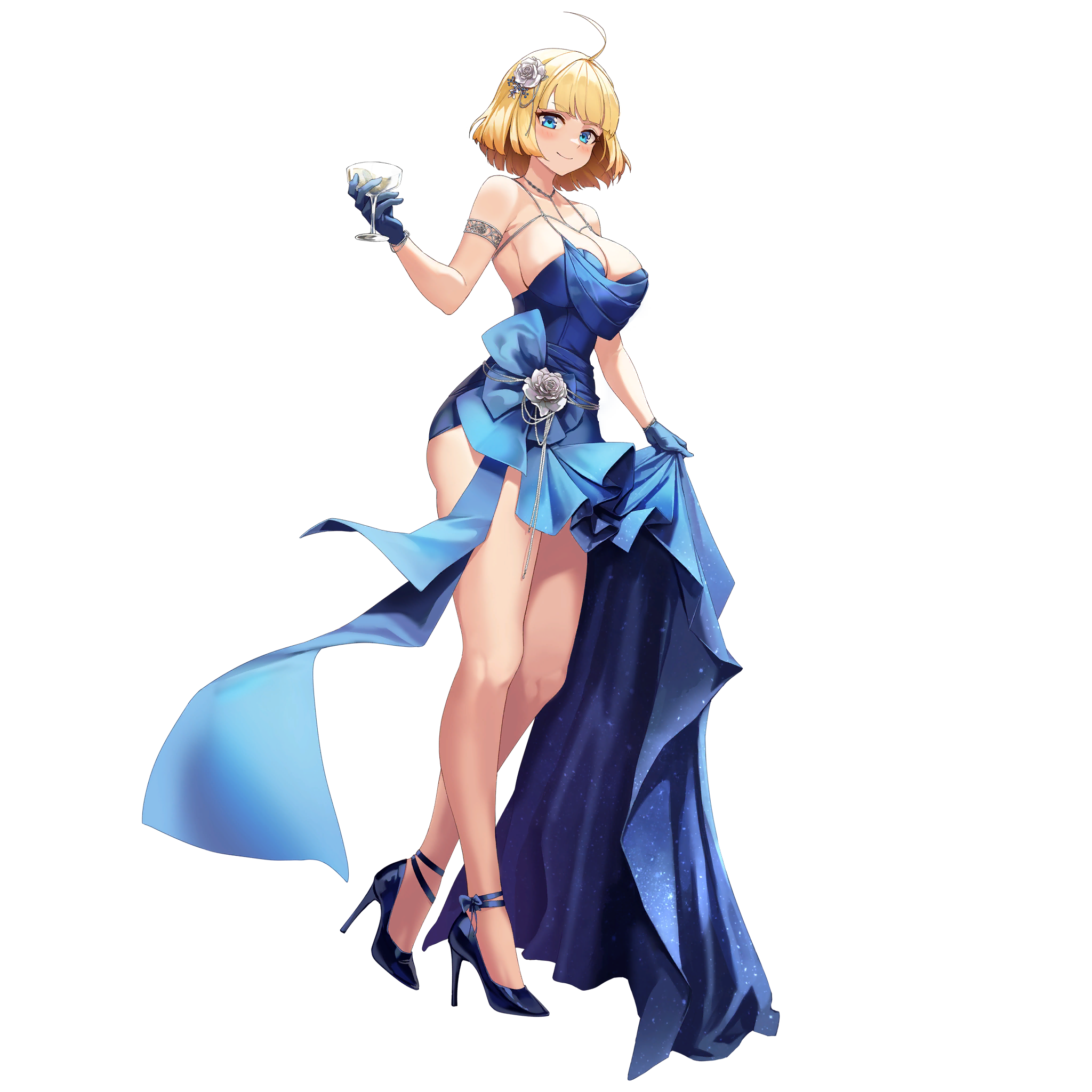 1girl ahoge alcohol armlet bare_shoulders blonde_hair blue_dress blue_eyes blue_gloves blue_ribbon blue_shoes blush bracelet breasts champagne cleavage closed_mouth collarbone cup d-log dress drinking_glass dutch_angle flower full_body gloves griffon_(last_origin) hair_flower hair_ornament half-skirt halter_dress halterneck heart heart-shaped_pupils high_heels highres holding holding_cup jewelry large_breasts last_origin long_dress long_skirt looking_at_viewer necklace official_alternate_costume official_art patent_heels pumps ribbon rose shoes short_hair sideboob simple_background skirt skirt_hold sleeveless sleeveless_dress smile solo standing stiletto_heels symbol-shaped_pupils tachi-e third-party_source transparent_background white_flower white_rose