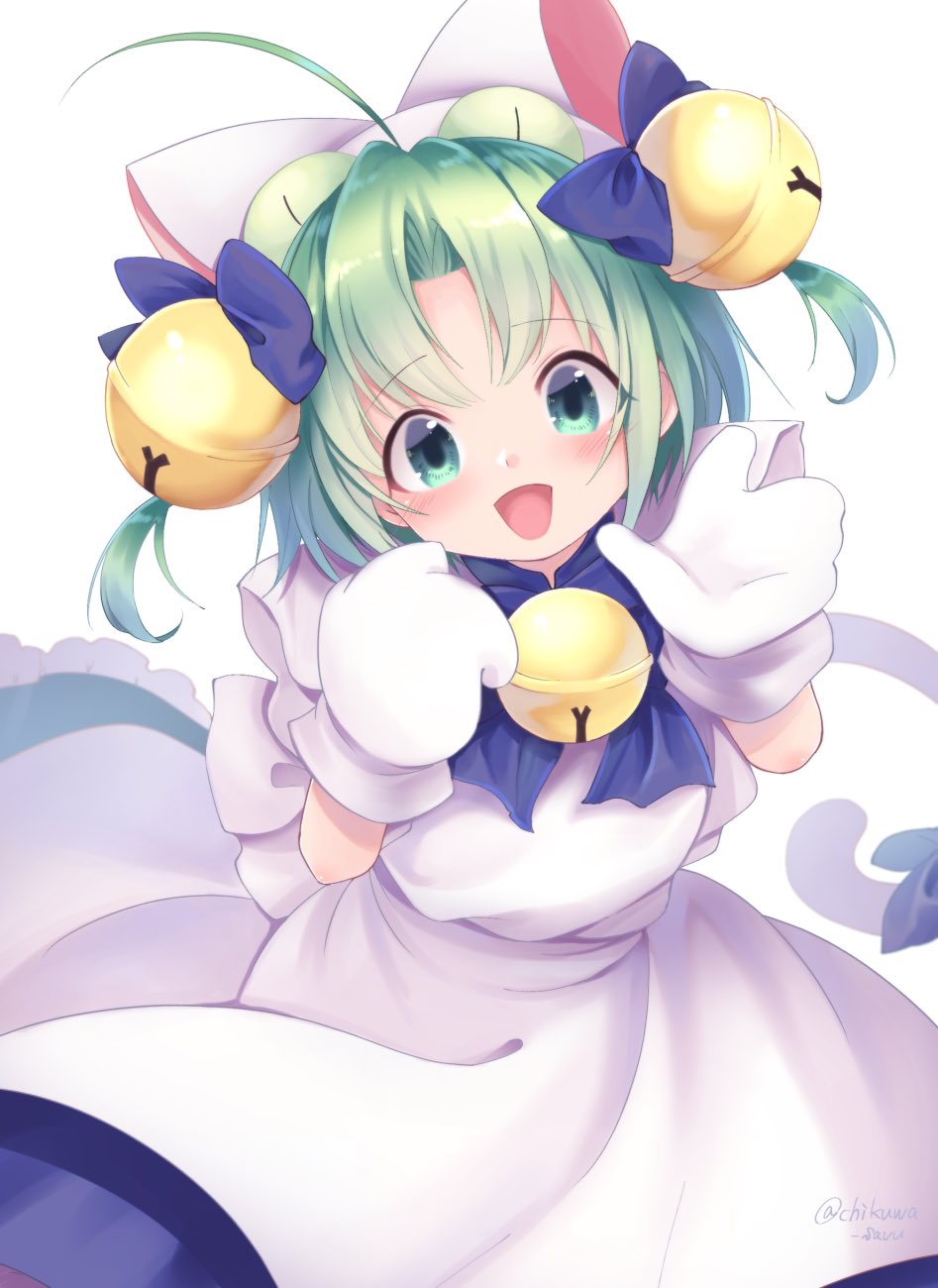 1girl :d ahoge animal_hat apron artist_name bell blue_bow blue_bowtie blue_dress bow bowtie cat_girl cat_hat cat_tail chikuwa_savy commentary_request dejiko di_gi_charat dress green_eyes green_hair hair_bell hair_bow hair_ornament hat highres jingle_bell looking_at_viewer medium_hair mittens neck_bell open_mouth parted_bangs short_sleeves smile solo tail tail_bow tail_ornament two_side_up white_apron white_background white_hat white_mittens
